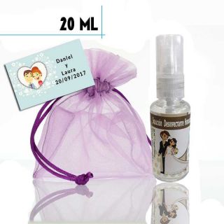 Gel hidroalcohólico 20ml con pegatina de boda, bolsa y tarjeta