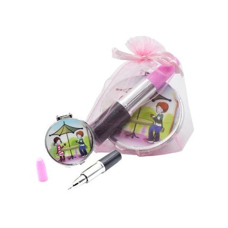 Pack de regalo; espejo, boli de pintalabios y bolsa de organza
