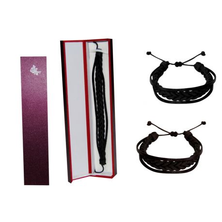 PULSERA PIEL DE HOMBRE ENTRELAZADA LISA + CAJA MADERA