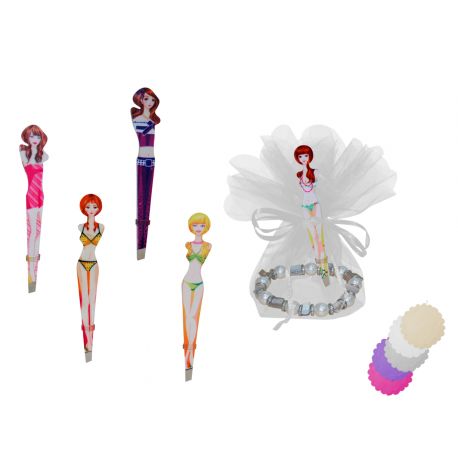 PINZA DE DEPILAR CHICAS + PULSERA PERLAS DE COLOR (8108) + BOLSA TULL (8940)