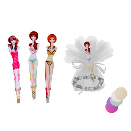 pinza de depilar chicas + pulsera perlas de color (8108) + bolsa tull (8940)