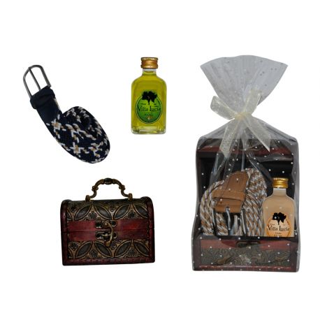 Pack detalles de boda botella de licor con cinturón y baúl