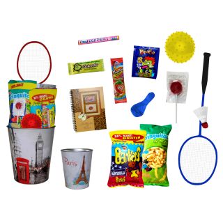 PAPELERA METALIZADA LONDRES-PARIS CON GOLOSINAS + LIBRETA + BALON + RAQUETA