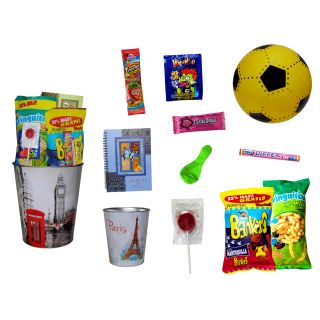 PAPELERA METALIZADA LONDRES-PARIS CON GOLOSINAS + LIBRETA + BALON