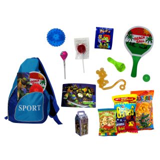 MOCHILA BANDOLERA BICOLOR CON GOLOSINAS + BALON + MANTEL + PALA