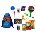 MOCHILA BANDOLERA BICOLOR CON GOLOSINAS + BALON + MANTEL + PALA
