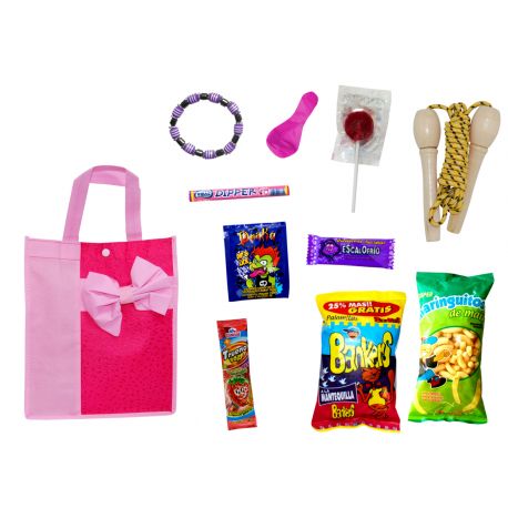 BOLSA ROSA LAZO CON GOLOSINAS + PULSERA + COMBA
