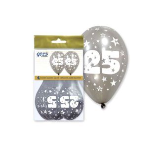 Bolsa 6 globos metalizados plata "25 aniversario""IT5" (28 x 32 cm.)