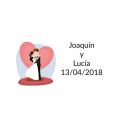 Pegatina original para regalos de invitados de boda, con novios y corazón