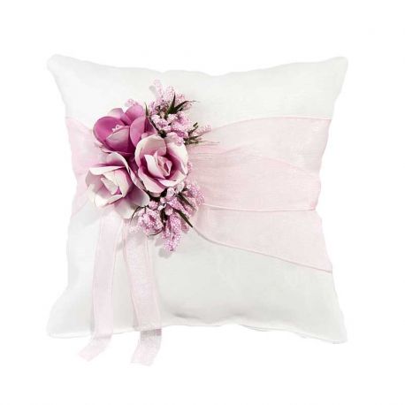 Cojín lazo organza y flores rosa