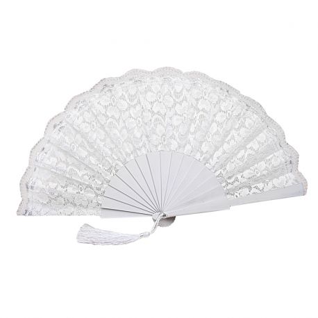 ABANICO ENCAJE BLANCO FILO PLATA