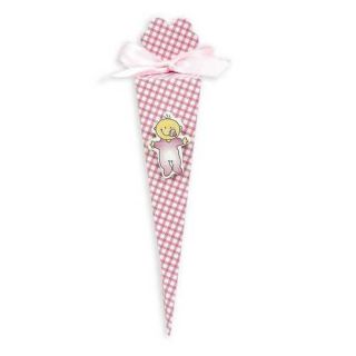 CAJITA CUADROS CONO ROSA CON PIN BEBE Y CARAM.