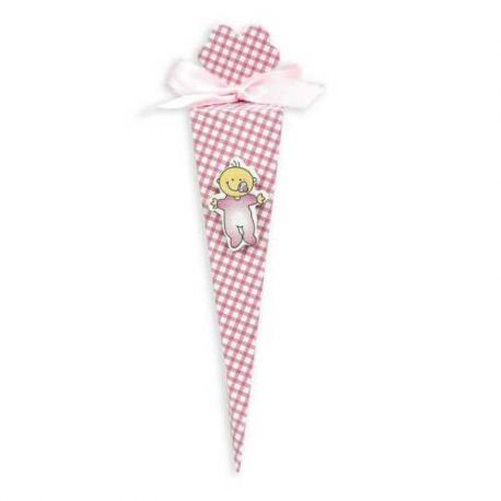 CAJITA CUADROS CONO ROSA CON PIN BEBE Y CARAM.