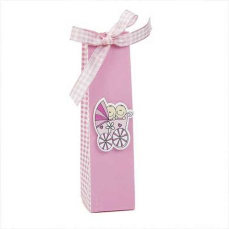 CAJITA CONO CUADROS ROSA BEBE CON PIN COCHECITO