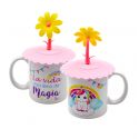 Taza de unicornio con tapa rosa y flor amarilla