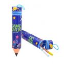Estuche con forma de lápiz y dibujos de videojuego 