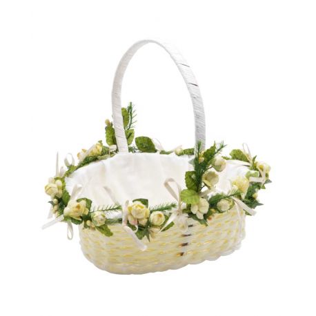 Cesta con asa y adornos de flores blancas con hojas verdes, de 18 cm