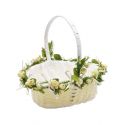 Cesta con asa y adornos de flores blancas con hojas verdes, de 18 cm