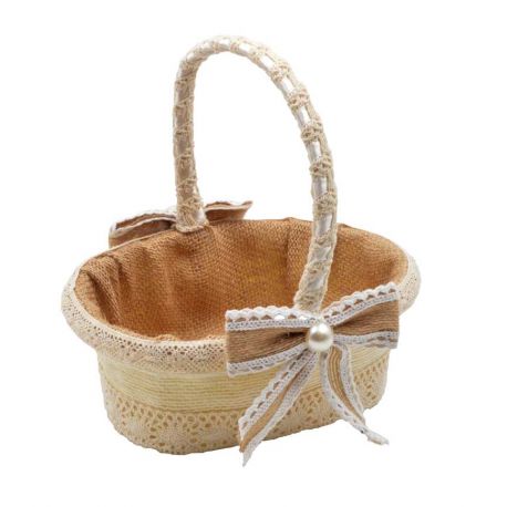 Cesta rústica con 2 grandes lazos de yute con encaje blanco y perlas