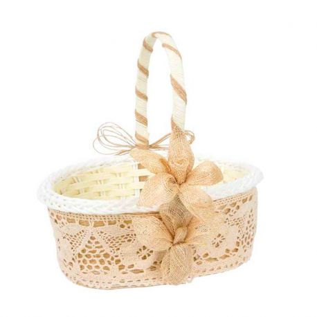 Canasto rústico con encaje marrón y 2 grandes flores con lazos, 18 cm