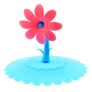 Tapa azul de silicona para tazas, con flor rosa