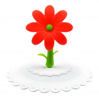 Tapa blanca de silicona para tazas, con flor roja