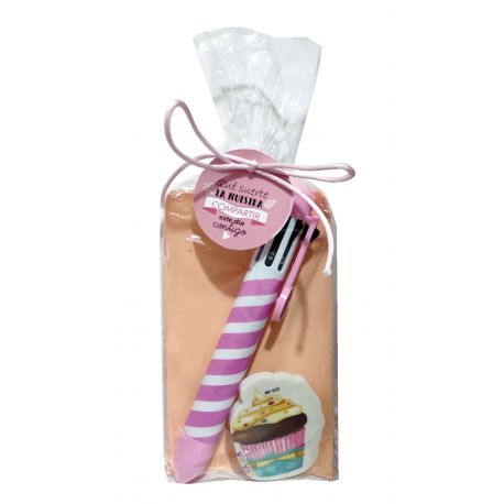 Boli rosa multicolor con goma de tarta en bolsa con tarjeta y lazo