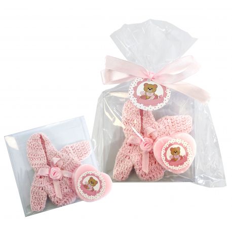Capucha de punto rosa de bebe con jabón+pegatina+tarjeta en bolsa y lazo