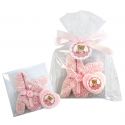 PACK: Capucha de punto rosa de bebe con jabón+pegatina+tarjeta en bolsa y lazo