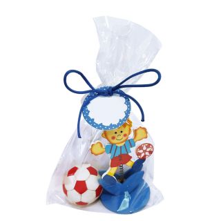 Pinza madera niño futbol+goma de balon en bolsa y tarjeta