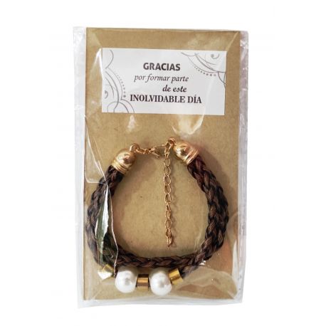 Pulsera trenzas marron-perlas en bolsa y pegatina