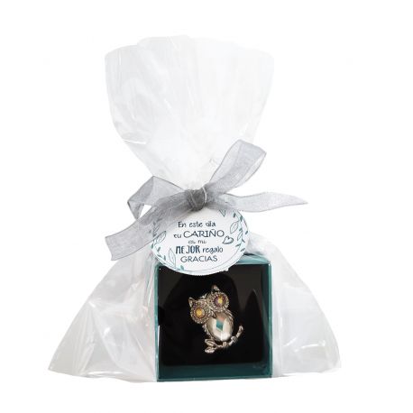 Broche de buho en caja+ bolsa, tarjeta y lazo