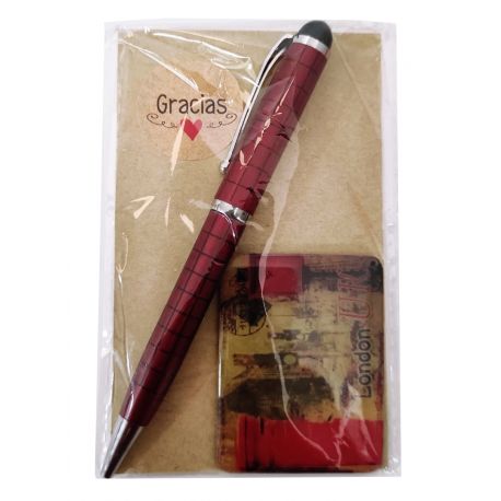 Imán vintage con boli rojo en bolsa y pegatina
