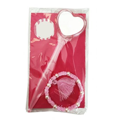 Espejito de corazón rosa con pulsera en bolsa y pegatina