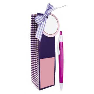 Cajita morado de cuadros con boli y pegatina