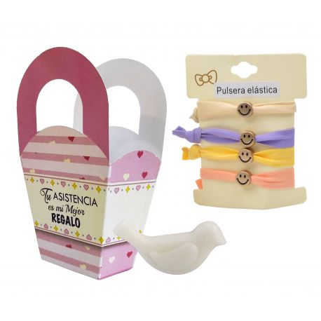 Pack de pulseras carita feliz en caja rosa con jabón