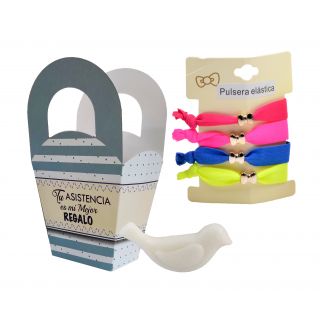 Pack de pulseras con lazo en caja azulcon jabón
