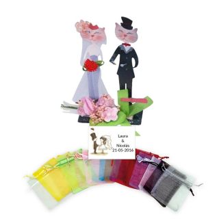 Novios gato en bolsa organza con tarjeta bodas
