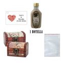 Licor Crema en baúl de madera, bolsa de celofan y tarjeta