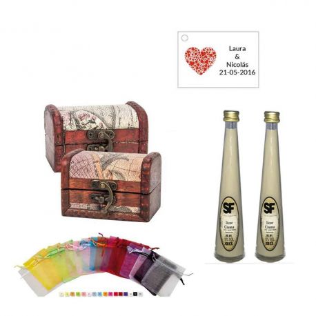 Licor Crema en baúl de madera, bolsa de organza y tarjeta