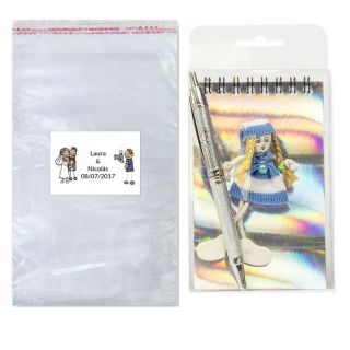 Pack libreta con boli en bolsa y tarjeta o pegatina