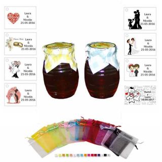 Tarro de miel bolsa organza y tarjeta detalles boda