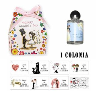 Colonia personalizada con una caja para invitados de boda
