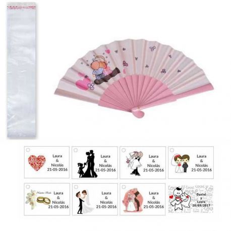 Abanico rosa para bodas con bolsa y tarjeta