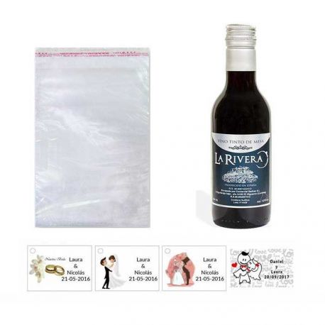 Vino para boda con tarjeta personalizada y bolsa celofán