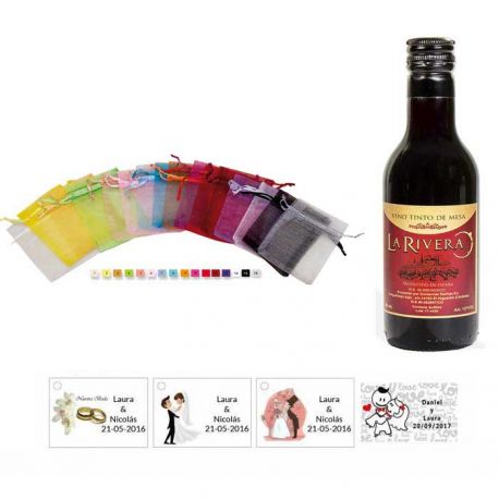 Vino para bodas con tarjeta personalizada y bolsa organza
