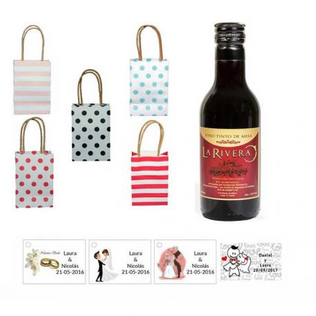 Vino para bodas con tarjeta personalizada y bolsa con asas