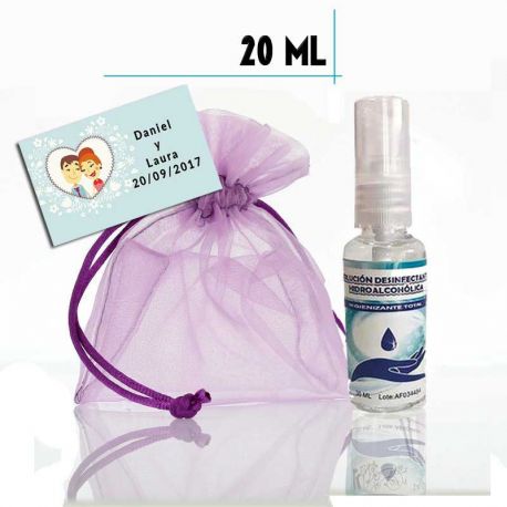 Gel Hidroalcohólico 20ml con spray, con bolsa de organza y tarjeta
