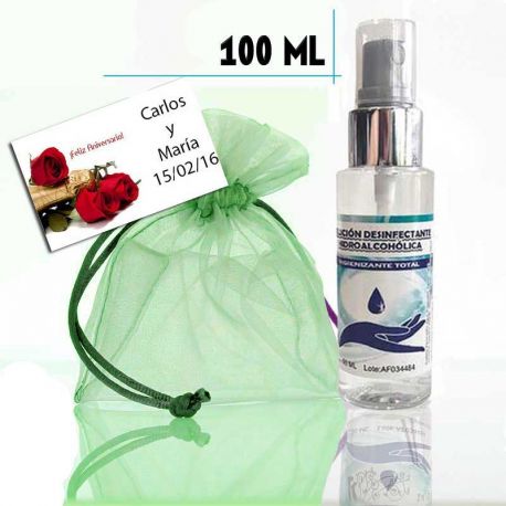 Gel Hidroalcohólico 100ml con spray, con bolsa de organza y tarjeta