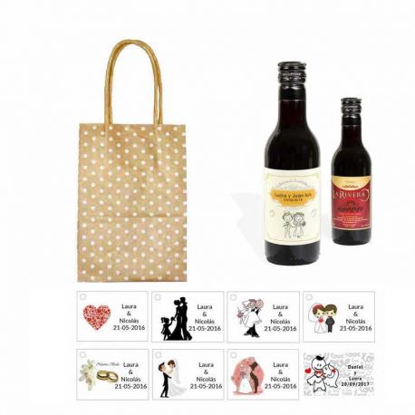 Tinto boda personalizado con tarjeta y bolsa